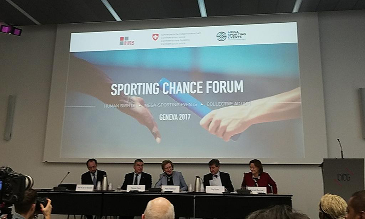 A panel at the Sporting Chance Forum in Geneva discusses the obligation of host nations to create a safe environment for the press. (Courtney C. Radsch/CPJ)