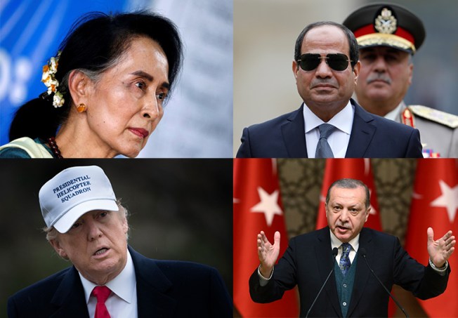 Press freedom oppressors, clockwise from left: Aung San Suu Kyi of Myanmar, Abdel Fattah el-Sisi of Egypt, Recep Tayyip Erdoğan of Turkey, and Donald Trump of the U.S. (Reuters/AFP/AFP/AP)