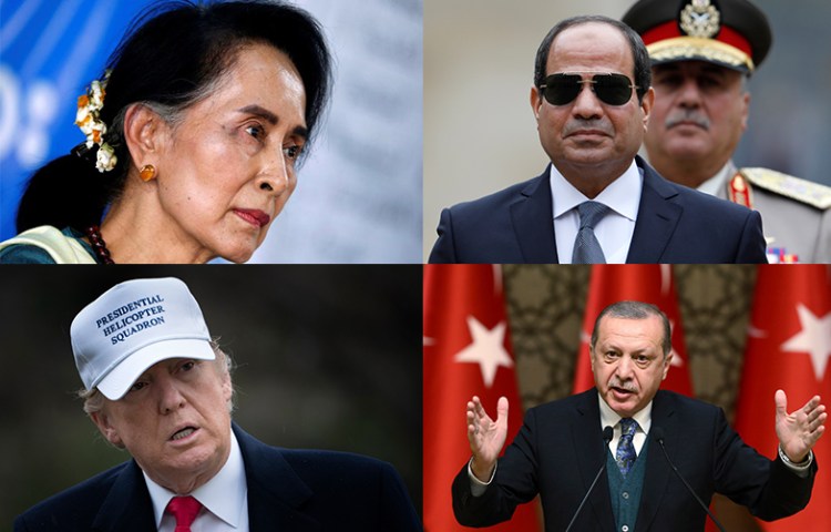 Press freedom oppressors, clockwise from left: Aung San Suu Kyi of Myanmar, Abdel Fattah el-Sisi of Egypt, Recep Tayyip Erdoğan of Turkey, and Donald Trump of the U.S. (Reuters/AFP/AFP/AP)