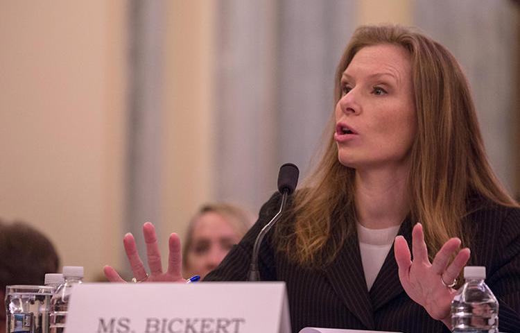 Facebook's head of global policy management, Monika Bickert, testifies at a Senate hearing in January on monitoring extremist content online. Companies like Facebook and Google are at the forefront of how much of the world receives its news. (AFP/Getty Images/Tasos Katopodis)