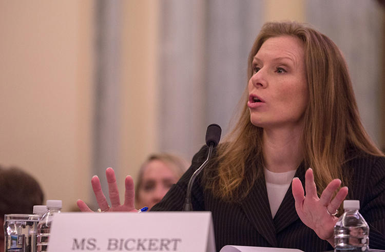 Facebook's head of global policy management, Monika Bickert, testifies at a Senate hearing in January on monitoring extremist content online. Companies like Facebook and Google are at the forefront of how much of the world receives its news. (AFP/Getty Images/Tasos Katopodis)