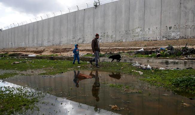 A Palestinian and a boy walk a dog along the Israeli barrier in the West Bank town of Qalqilyah in February. Israeli security forces arrested a Quds News Network reporter at his West Bank home on February 15. (AFP/Jaafar Ashtiyeh)