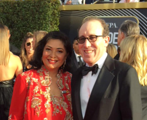 Hollywood Foreign Press Association President Meher Tatna welcomes CPJ Executive Director Joel Simon on the red carpet at the 75th annual Golden Globes. (CPJ)