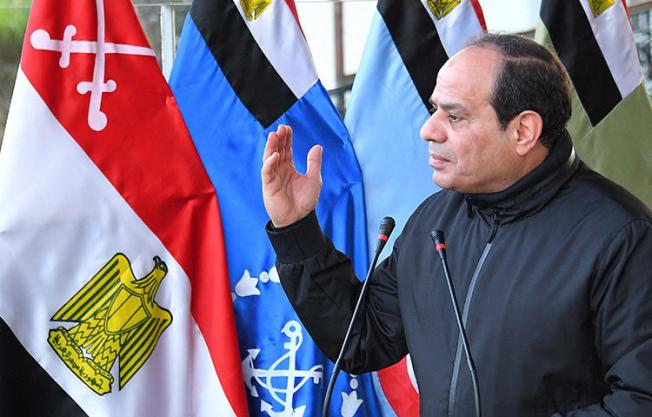 Egyptian President Abdel Fattah Al Sisi speaks at the Military Academy in Cairo, Egypt, February 19, 2018. The Egyptian government has cracked down on the media ahead of a scheduled presidential elections next month, in which President Abdel Fattah el-Sisi is running virtually unopposed, according to media reports. (Reuters/The Egyptian Presidency/Handout)