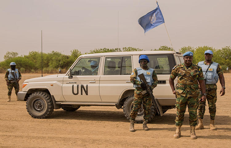 Peacekeepers from the United Nations Mission in South Sudan patrol on March 7, 2018. The South Sudanese Media Regulatory Authority ordered the UN-backed station Radio Miraya to suspend operations because the station had not acquired a broadcasting license, according to reports. (AFP/Stefanie Glinski)