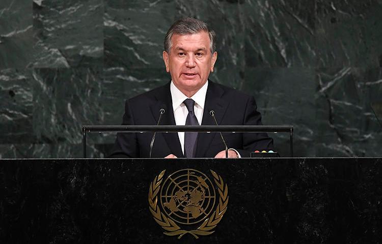 President Shavkat Mirziyoyev addresses the UN General Assembly in September 2017. Uzbekistan has released the world's longest-jailed journalist, but two others are still in jail awaiting trial. (AFP/Jewel Samad)