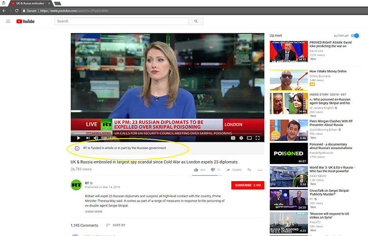 A screen shot of the new label on RT's YouTube channel. (CPJ)
