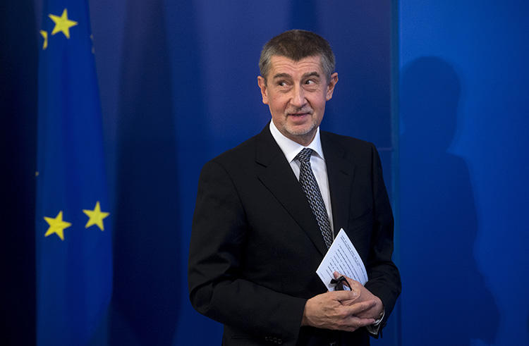 Czech Prime Minister Andrej Babis at a news conference in Bulgaria in January. Three investigative journalists say police have questioned them repeatedly over their reporting on allegations of wrongdoing by Babis. (AFP/Nikolay Doychinov)