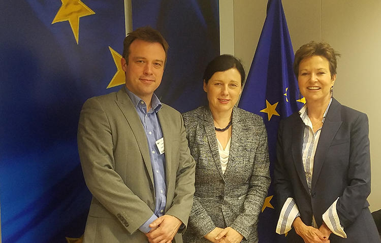 CPJ's EU representative, Tom Gibson, and CPJ board member Kati Marton meet with Věra Jourová, commissioner for justice, gender equality, and consumers. (CPJ)