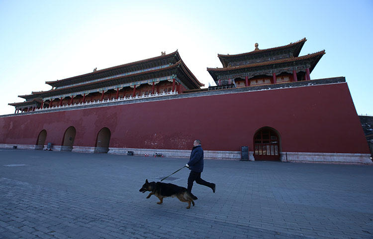 Canine patrol security staff run during a daily training session at the Forbidden City in central Beijing, China in February 2018. Chinese authorities released freelance journalist Qi Chonghuai from prison in Shandong province on February 13, 2018, after he served over 10 years, according to reports. (Reuters/Jason Lee)