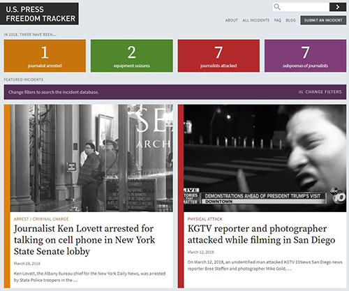 A still from the front page of the U.S. Press Freedom Tracker.