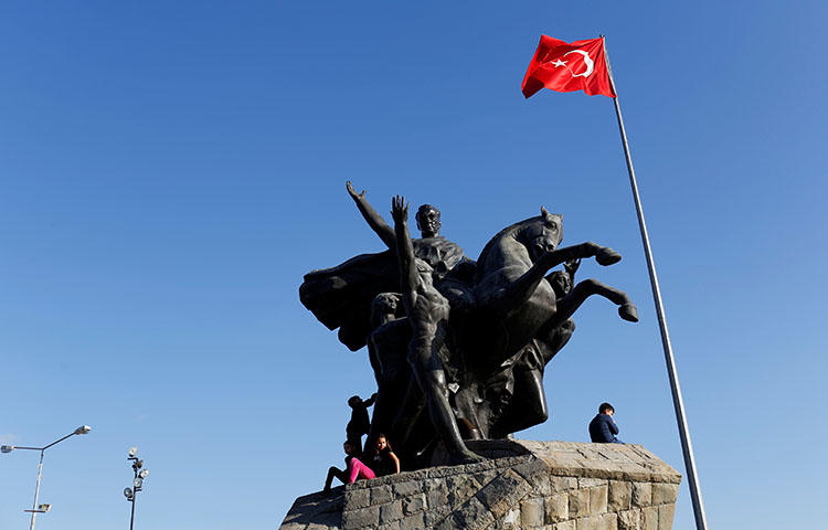 The Republic monument in Antalya, Turkey in March 2018. Turkish authorities detained for several hours on May 28 journalist Ali Ergin Demirhan on suspicion that he made "propaganda for a [terrorist] organization," according to reports. (Reuters/Murad Sezer)