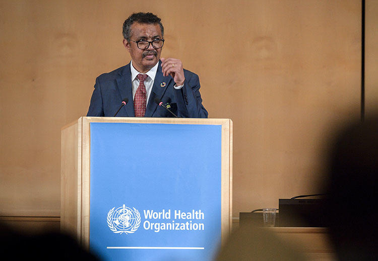 World Health Organization Director-General Tedros Adhanom Ghebreyesus delivers a speech at the World Health Assembly, an annual meeting with health representatives, on May 21, 2018 in Geneva, Switzerland. The World Health Organization blocked Taiwanese media outlets from attending the assembly. (Fabrice Coffrini/AFP)