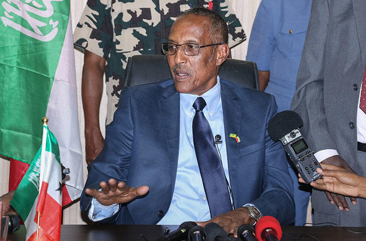 President Muse Bihi Abdi addresses a press conference in Hargeisa, Somaliland, in November 2017. Muse Bihi's government suspended critical daily newspaper Waaberi, claiming problems with its ownership registration. (AFP)