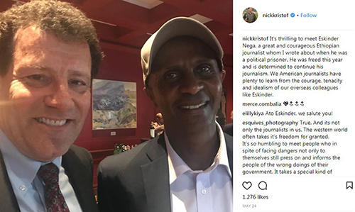 New York Times columnist Nicholas Kristof with Ethiopian journalist Eskinder Nega at CPJ's reception. (Nicholas Kristof)