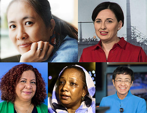 Clockwise from top left: Nguyen Ngoc Nhu Quynh (Family Photo), Anastasiya Stanko (Homradske), Maria Ressa (Maria Ressa), Amal Khalifa Idris Habbani (AFP), and Luz Mely Reyes (Luz Mely Reyes)