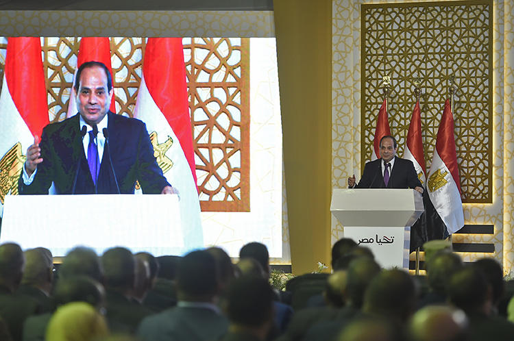 Egyptian President Abdel Fattah al-Sissi gives a speech in capital Cairo on July 24, 2018. Egypt ordered five more journalists detained in the last two weeks of July 2018. (AFP/Khaled Desouki)