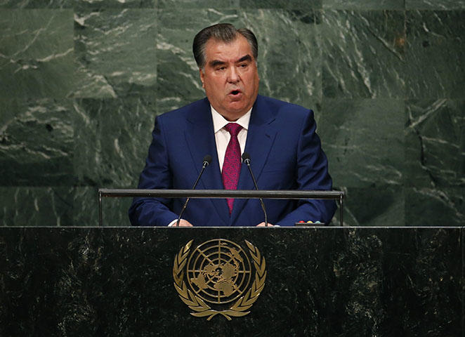 Tajik President Emomali Rahmon addresses the UN General Assembly in September 2015. A Tajik court sentenced independent journalist Khayrullo Mirsaidov to 12 years in prison, according to reports. He was arrested in December 2017 after publishing an open letter to Rahmon and others asking them to crackdown on corrupt local authorities, reports stated. (Reuters/Mike Segar)