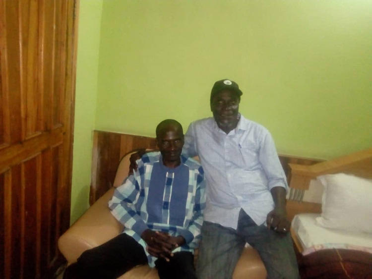 Nigerian journalist Jones Abiri, left, and Alagoa Morris, pictured in Abuja after Abiri's release from detention in 2018. A court on May 22, 2019 charged Abiri on three counts and ordered him detained. (Alagoa Morris)
