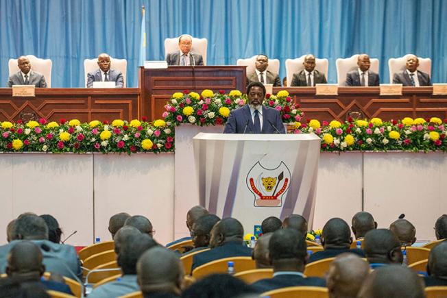 Democratic Republic of Congo President Joseph Kabila delivers a state of the nation speech in Kinshasa on July 19, 2018. Authorities in the DRC jailed a journalist for criminal defamation on September 6. (AFP/Junior D. Kannah)