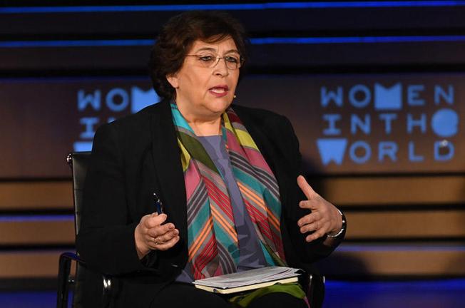 Yevgenia Albats, editor-in-chief of The New Times, speaks at the Women of the World Summit in New York City in April 2018. A Russian court has ordered her news outlet to pay a fine of 22.3 million rubles. (AFP/Angela Weiss)