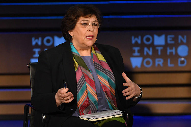 Yevgenia Albats, editor-in-chief of The New Times, speaks at the Women of the World Summit in New York City in April 2018. A Russian court has ordered her news outlet to pay a fine of 22.3 million rubles. (AFP/Angela Weiss)