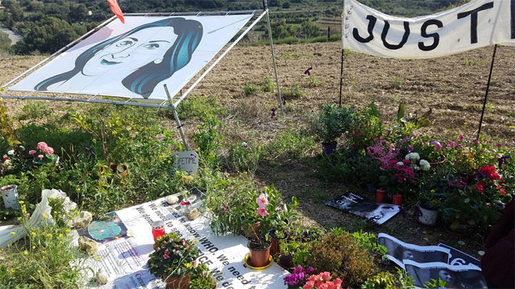 A memorial for murdered journalist Daphne Caruana Galizia. CPJ was part of an international delegation that traveled to Malta to mark the one-year anniversary of Caruana Galizia's death and meet with officials. (CPJ)