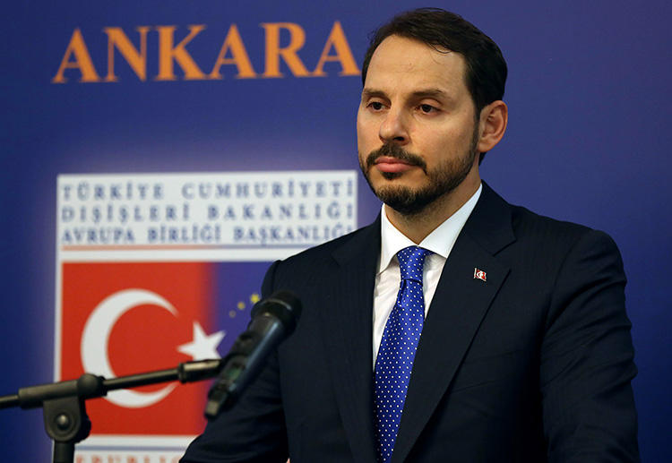 Turkey's Treasury and Finance Minister Berat Albayrak, pictured at a press conference in Ankara in August 2018. A Turkish newspaper is accused of insulting the minister through its reporting. (AFP/Adem Altan)
