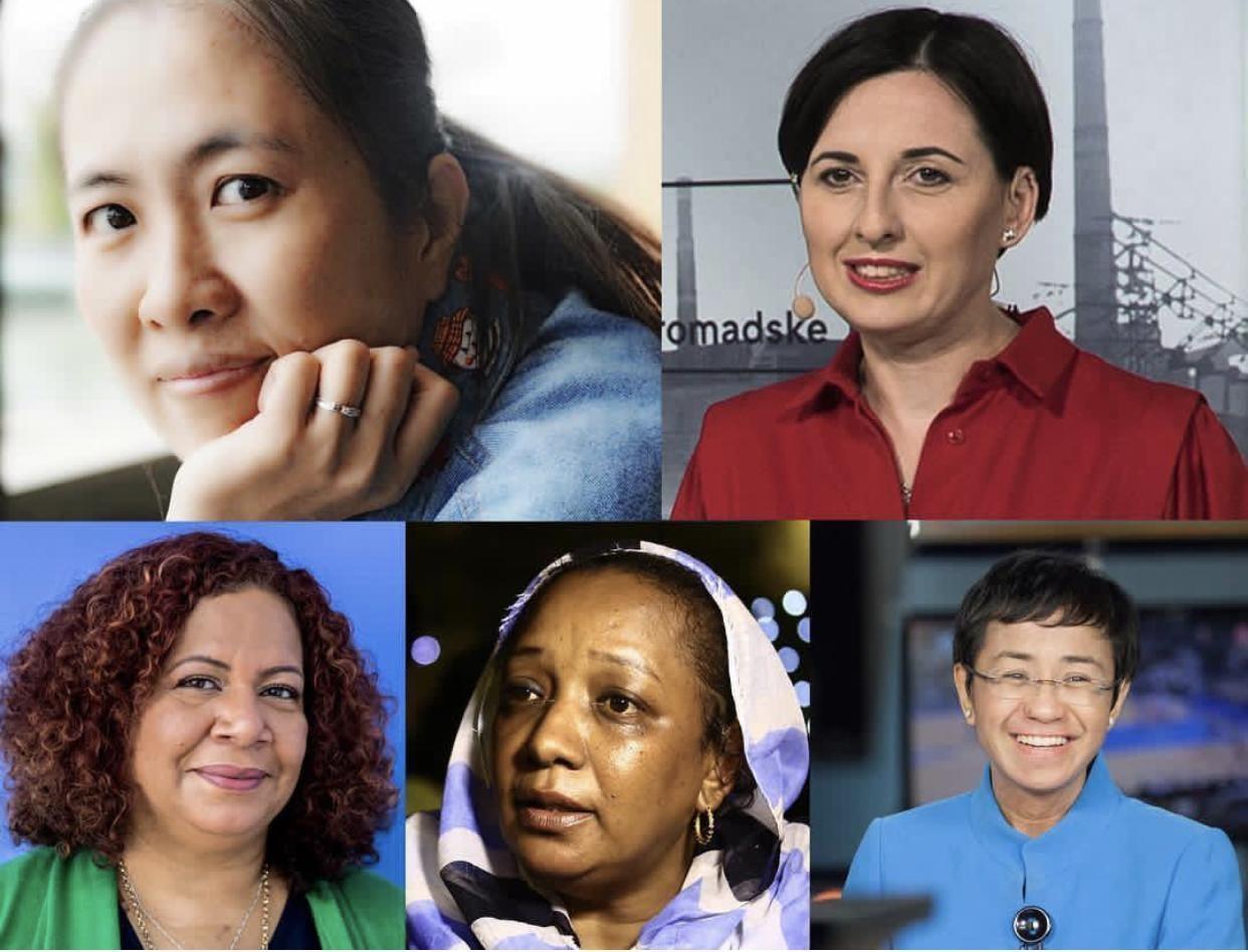 Clockwise from top left: Nguyen Ngoc Nhu Quynh (Family Photo), Anastasiya Stanko (Homradske), Maria Ressa (Maria Ressa), Amal Khalifa Idris Habbani (AFP), and Luz Mely Reyes (Luz Mely Reyes)