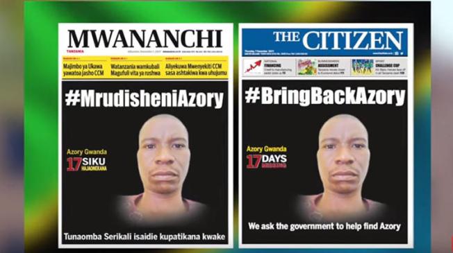 A screen shot from December 2017 displaying the front pages of Tanzanian newspapers Mwananchi and The Citizen, calling on the Tanzanian government to help find missing journalist Azory Gwanda. November 21, 2018, marked the one-year anniversary of Gwanda's disappearance. (MCL Digital)