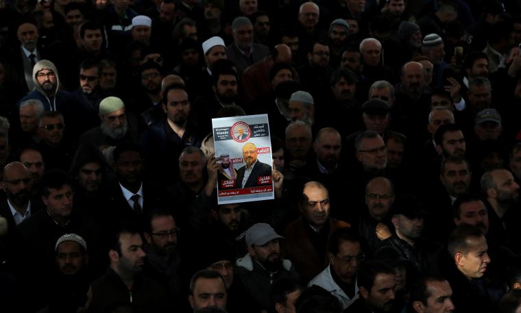 People attend a symbolic funeral prayer for slain Saudi journalist Jamal Khashoggi in Istanbul, Turkey, on November 16, 2018. (Huseyin Aldemir/Reuters)