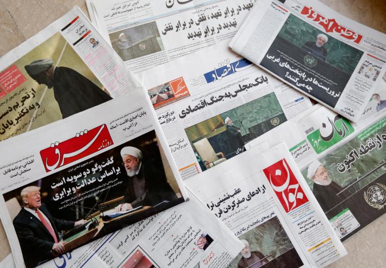 A picture taken on September 26, 2018, shows the front pages of Iranian newspapers at a newspaper stand in the capital Tehran. Iran jailed a journalist for six years over his critical writing on December 25, 2018. (AFP/Atta Kenare)