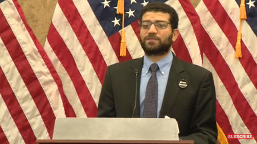 CPJ's Sherif Mansour speaks at an event at the U.S. Capitol marking 100 days since the murder of journalist Jamal Khashoggi. (Screenshot from Facebook)