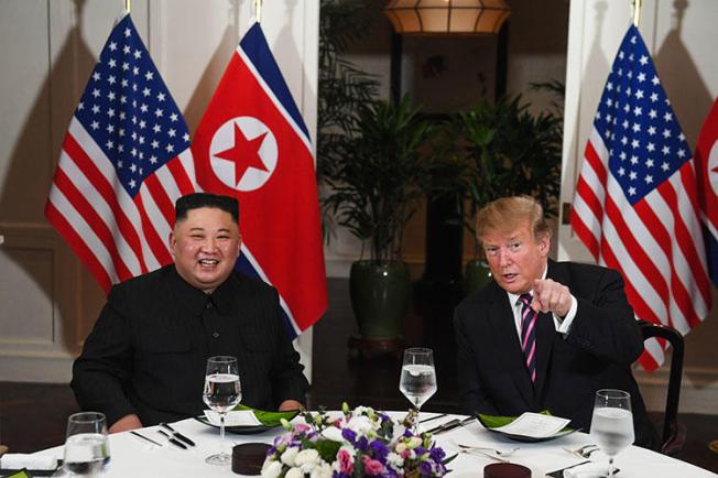 North Korean leader Kim Jong Un and US President Donald Trump at dinner in Hanoi on February 27. The White House blocked four journalists from covering the event. (AFP/Saul Loeb)