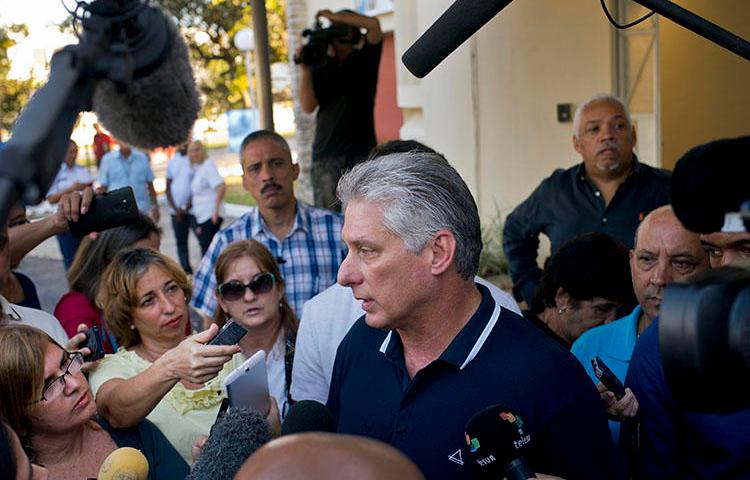 President Miguel Díaz-Canel talks to the press in Havana on February 24 after voting in a referendum on a new constitution in Havana. Several critical news sites were blocked in Cuba on the date of the vote. (AP/Ramon Espinosa)