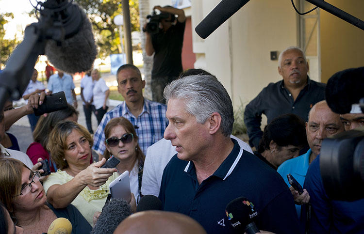 President Miguel Díaz-Canel talks to the press in Havana on February 24 after voting in a referendum on a new constitution in Havana. Several critical news sites were blocked in Cuba on the date of the vote. (AP/Ramon Espinosa)