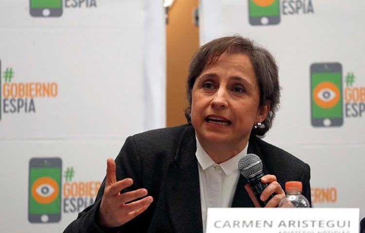 Mexican journalist Carmen Aristegui speaks during a press conference in Mexico City on June 19, 2017. The Mexican Supreme Court on February 13, 2019, declared her 2015 firing by broadcaster MVS Noticias illegal. (AP Photo/Eduardo Verdugo)