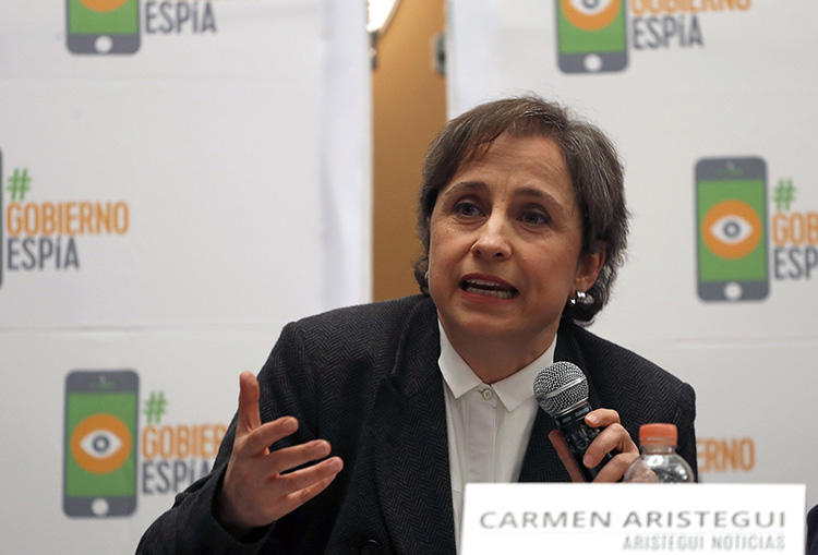 Mexican journalist Carmen Aristegui speaks during a press conference in Mexico City on June 19, 2017. The Mexican Supreme Court on February 13, 2019, declared her 2015 firing by broadcaster MVS Noticias illegal. (AP Photo/Eduardo Verdugo)