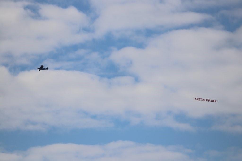 A plane flying a #JusticeForJamal banner in Atlanta, Georgia, on February 2, 2019. (George Burgan)