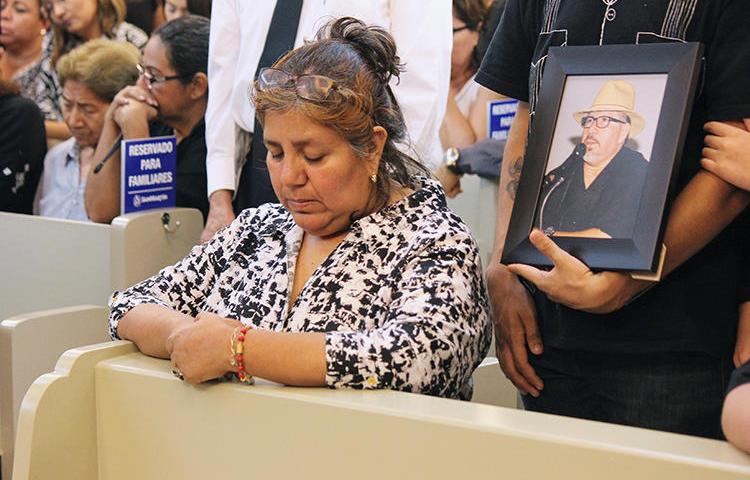 Griselda Triana, the wife of slain journalist Javier Valdez, attends his memorial service in Culiacan, in Sinaloa state, Mexico, on May 16, 2017. On March 20, 2019, a report by Canadian research group Citizen Lab found that Triana was targeted by Pegasus spyware soon after Valdez's murder, in an apparent spying attempt. (Reuters/Jesus Bustamante)