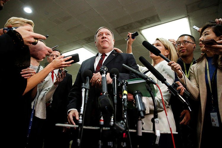 U.S. Secretary of State Mike Pompeo speaks to the media after a closed briefing for senators in November 2018, on developments related to the death of Saudi journalist Jamal Khashoggi. A joint letter calls for congressional action in the pursuit of justice. (Reuters/Joshua Roberts)