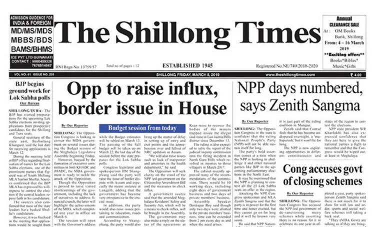 A screenshot of The Shillong Times. The Meghalaya state High Court fined the paper's publisher and editor over an opinion piece published in December. (CPJ)