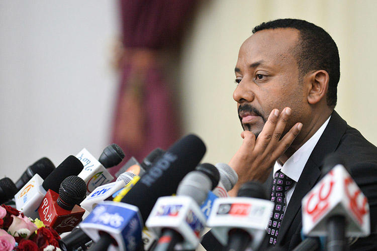Prime Minister Abiy Ahmed speaks during a press conference in Addis Ababa, in August 2018. Since Abiy's election, conditions for Ethiopia's journalists have improved, but some challenges remain. (AFP/Michael Tewelde)
