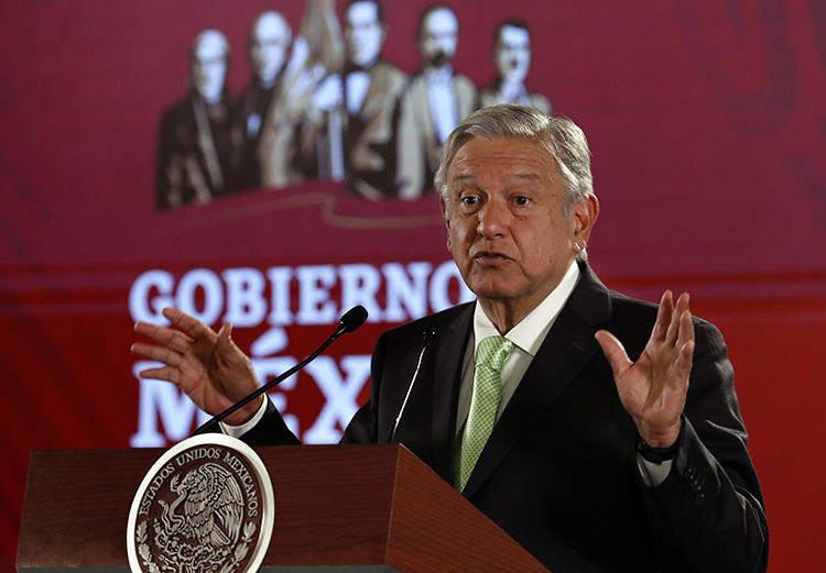Mexican President Andrés Manuel López Obrador speaks at his daily press briefing at the National Palace in Mexico City on April 12, 2019. During a press briefing on April 23, he criticized a local newspaper, whose editor has since received death threats. (AP/Marco Ugarte)