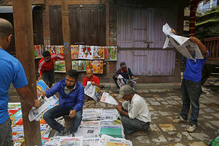 An outdoor newsstand in Kathmandu, Nepal, in September 2018. Police are investigating Tandav News editor Arjun Giri under Nepal's cybercrime act. (AP/Niranjan Shrestha)