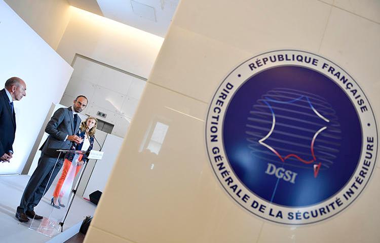 The logo of the General Directorate for Internal Security, France's domestic intelligence agency, is seen at its headquarters in Levallois-Perret on July 13, 2018. The agency has recently summoned reporters for questioning in a leak investigation. (AFP/Gerard Julien)