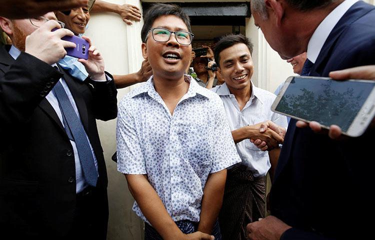 Reuters reporters Wa Lone and Kyaw Soe Oo, pictured as they are freed from prison in Yangon, Myanmar, on May 7 after receiving a presidential pardon. (Reuters/Ann Wang)