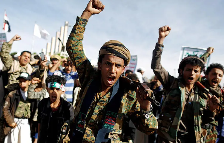 Supporters of the Houthi movement attend a rally to mark the fourth anniversary of the Saudi-led military intervention in Yemen's war, in Sanaa, Yemen, on March 26, 2019. The Houthis are currently detaining at least 10 journalists in harsh conditions. (Reuters/Khaled Abdullah)