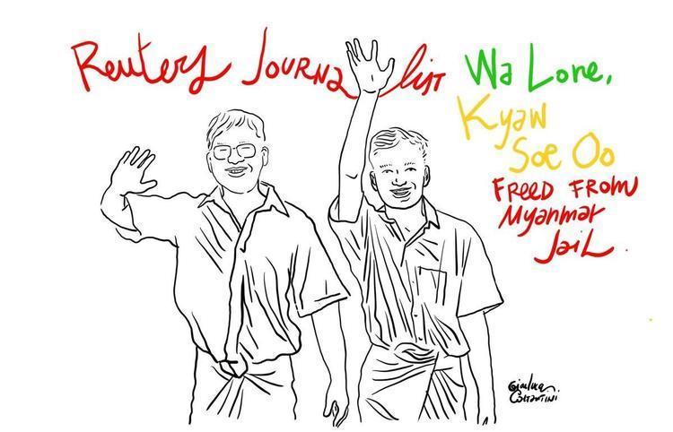 Reuters journalists Wa Lone and Kyaw Soe Oo spent over 500 days behind bars under Myanmar's colonial-era Official Secrets Act. (Illustration: Gianluca Costantini)