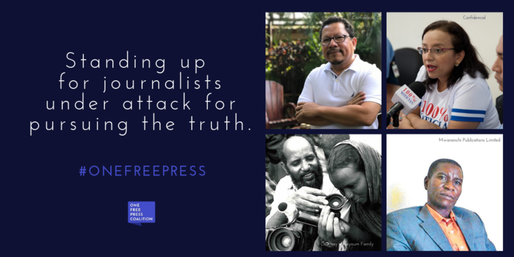 This month, the One Free Press List includes 12 journalists including (clockwise from top left) Miguel Mora, Lucia Pineda, Azory Gwanda, and Seyoum Tsehaye. (One Free Press Coalition)